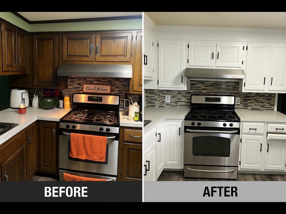 Kitchen cabinets before and after being refinished from dark oak to white