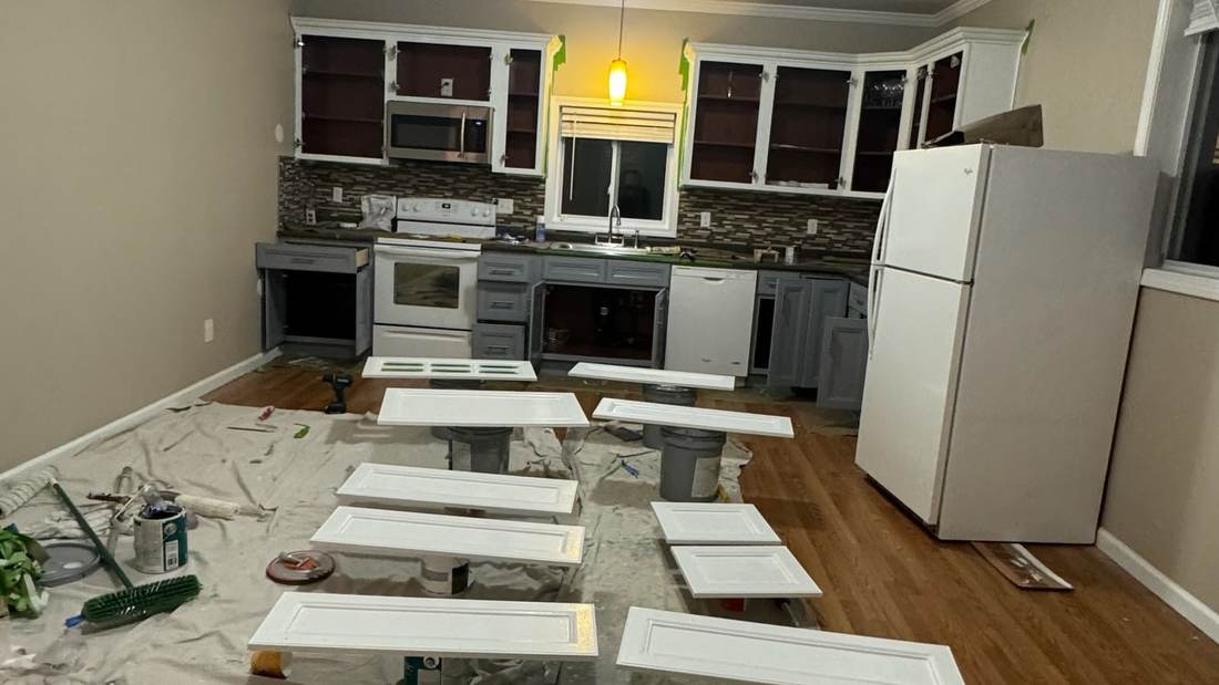 Kitchen cabinet doors prepped for a new finish